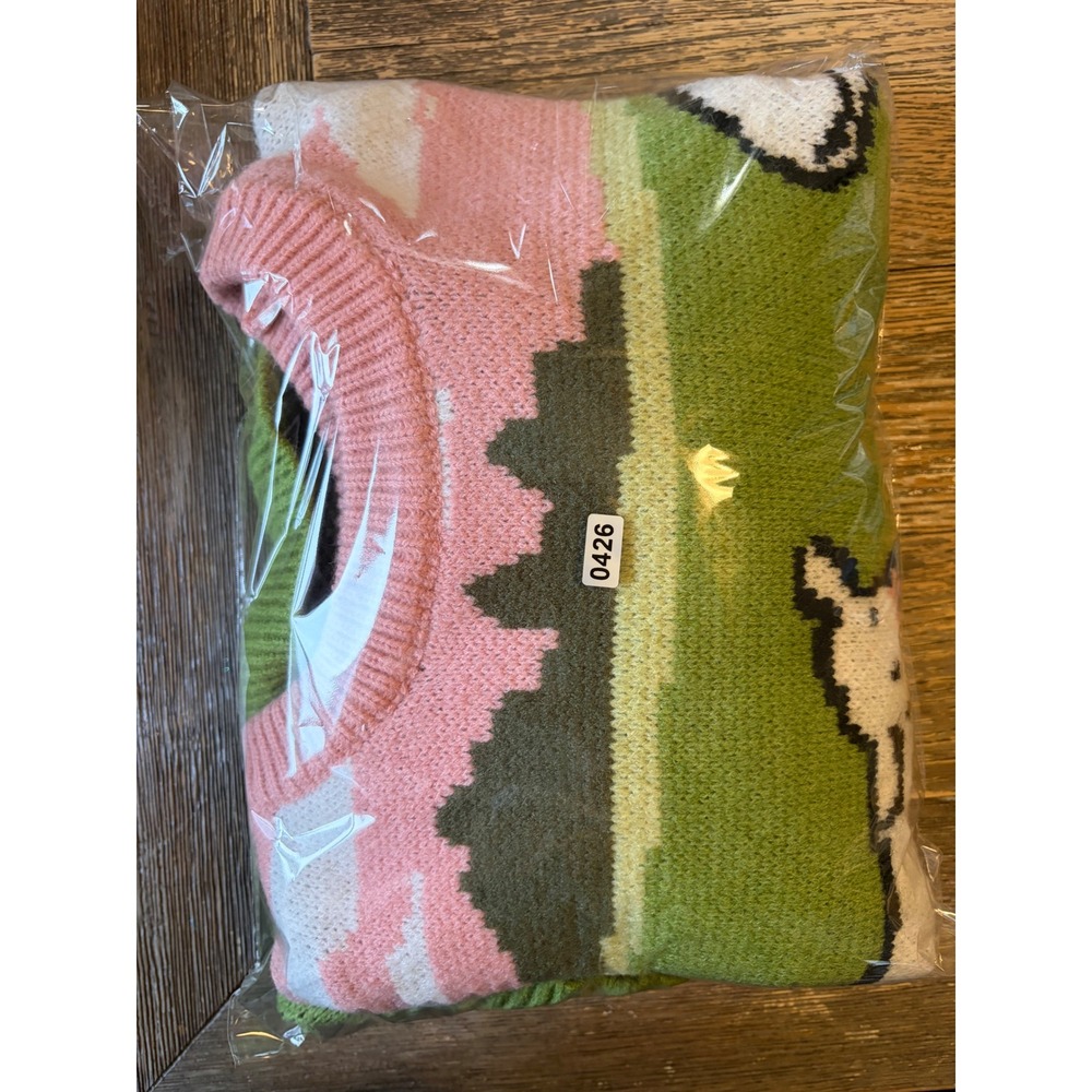 Aelfric Eden Sheep Pastoral Landscape Knit Sweater Green Pink Size Medium - Picture 5 of 5